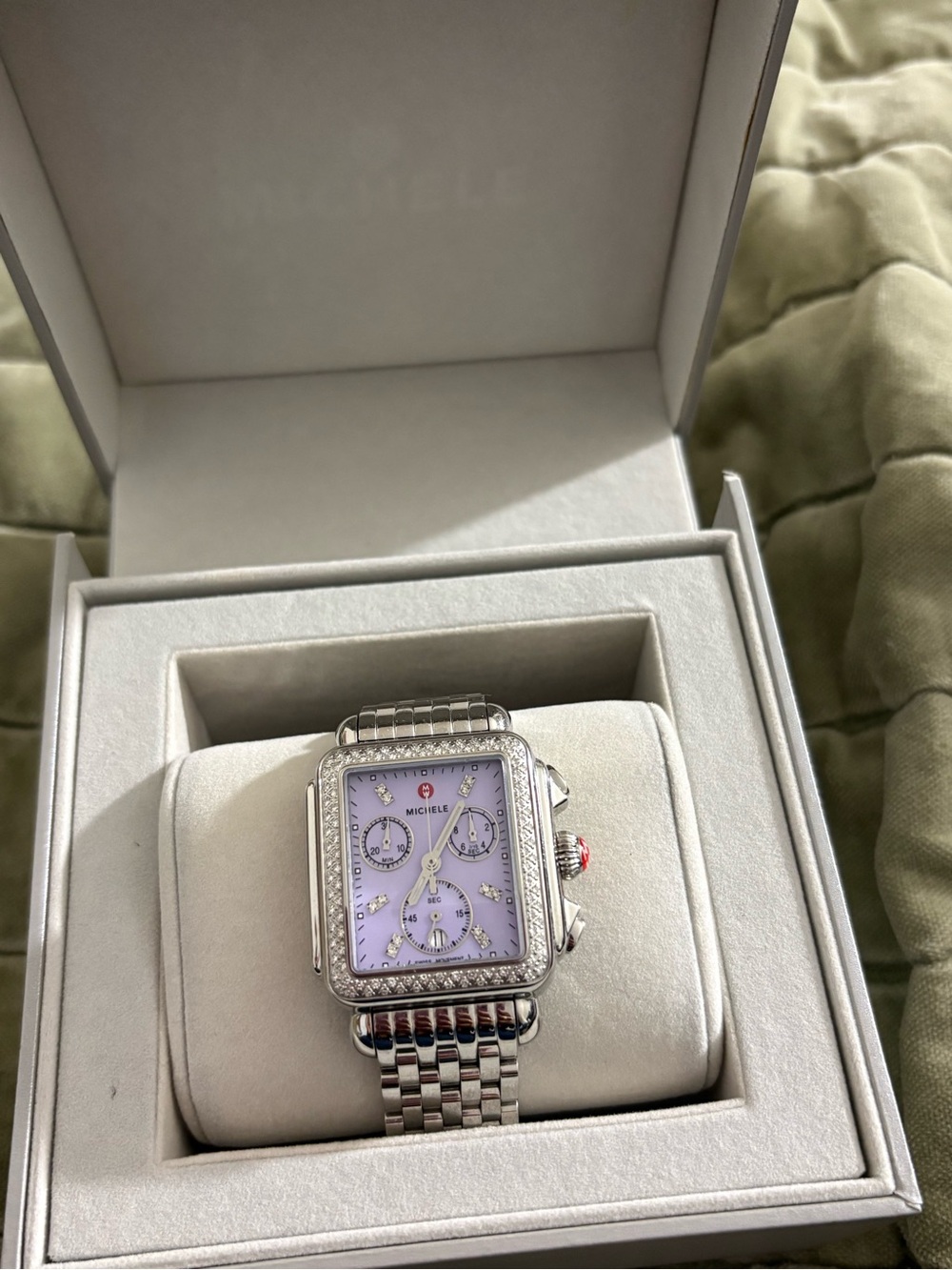 Michele Silver Watch with Lavender Dial and Crystal Bezel. New with box